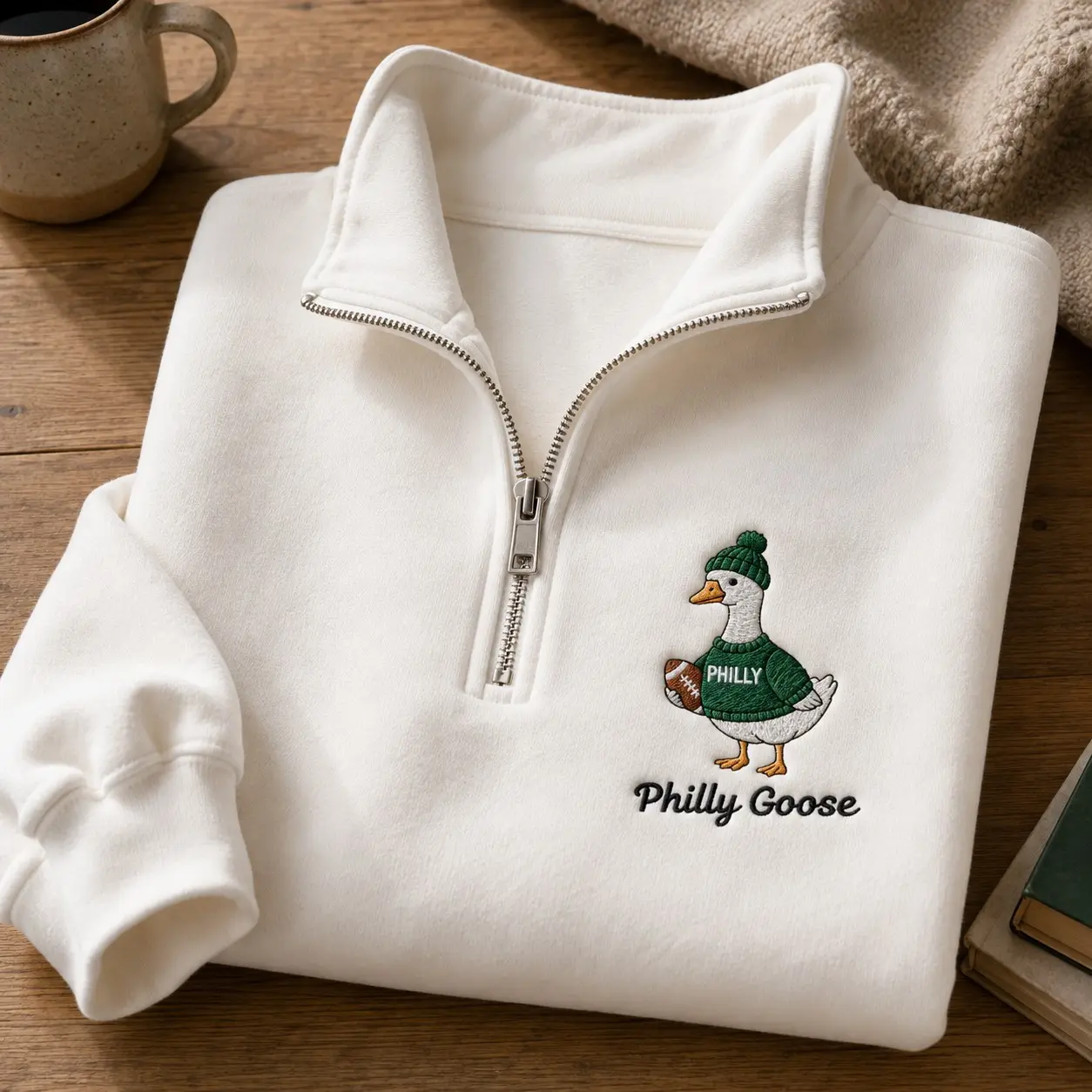 Embroidered Philly Goose Football Women Quarter Zip Sweatshirt Game Day, Cute Sports Autumn Tailgate Fleece Pullover Fan Gift