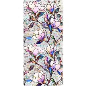 Rainbow Magnolia Flower Window  Film Sun Blocking Decorative Magnolia Stained Glass Window  Non-Adhesive Static Cling Sticker, 16.93 x 39.37 Inch,  Magnolia