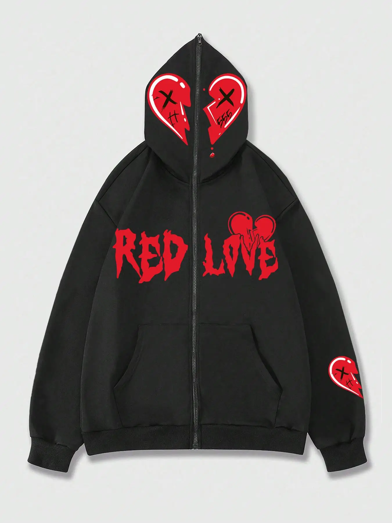 Unisex Men's Letter & Heart Print Long Sleeves Zip Up Hoodie, Casual Loose Pocket Graphic Print Hooded Sweatshirt Pullover, Holiday Sweatshirts, Men T