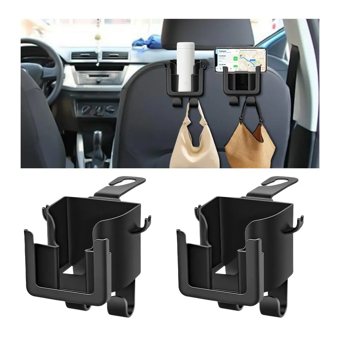【Summer Survivals】2PCS Car Back Seat Headrest Organizer, Multi-Functional 3-in-1 Universal Automotive Accessory with Cup Holder, Phone Stand & Hooks for Long-distance Driving Trips Summerwins, Space-Saving Design, Car Essentials Summerfinds