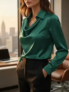 Elegant Satin V Neck Shirt for Women, Fashion Long Sleeve Office Commute Silk Fabric Top, Perfect for Casual & Formal Wear