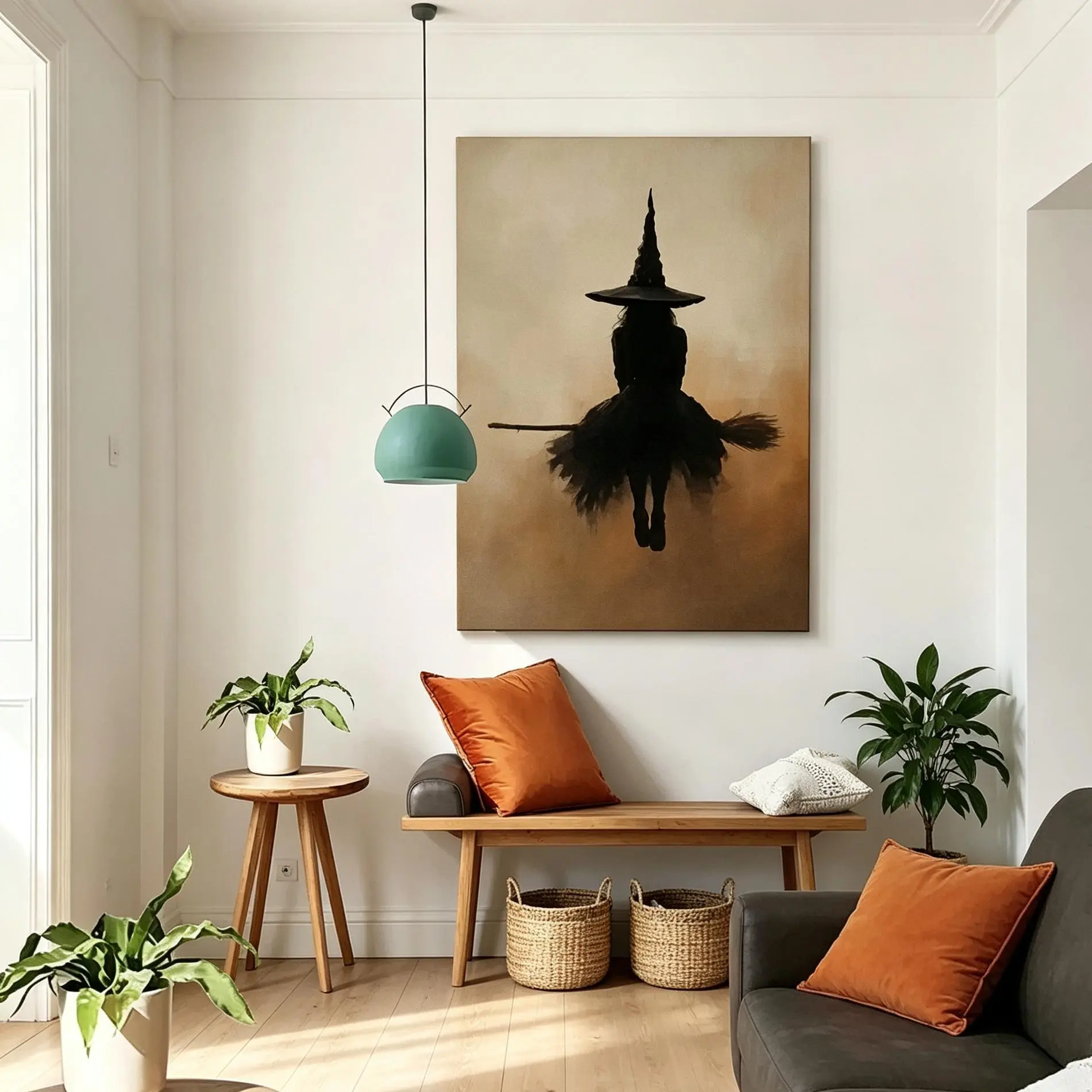 Minimalist Witch Broom Canvas Wall Art - Beige & Black Gothic Dark Academia Print, 12"x18"/16"x24"/24"x36" (24*36inches/60.96*91.44cm), Easter Living Room Hanging Decor, Spooky Neutral Silhouette Painting, Halloween Gift Kit, Mother's Day