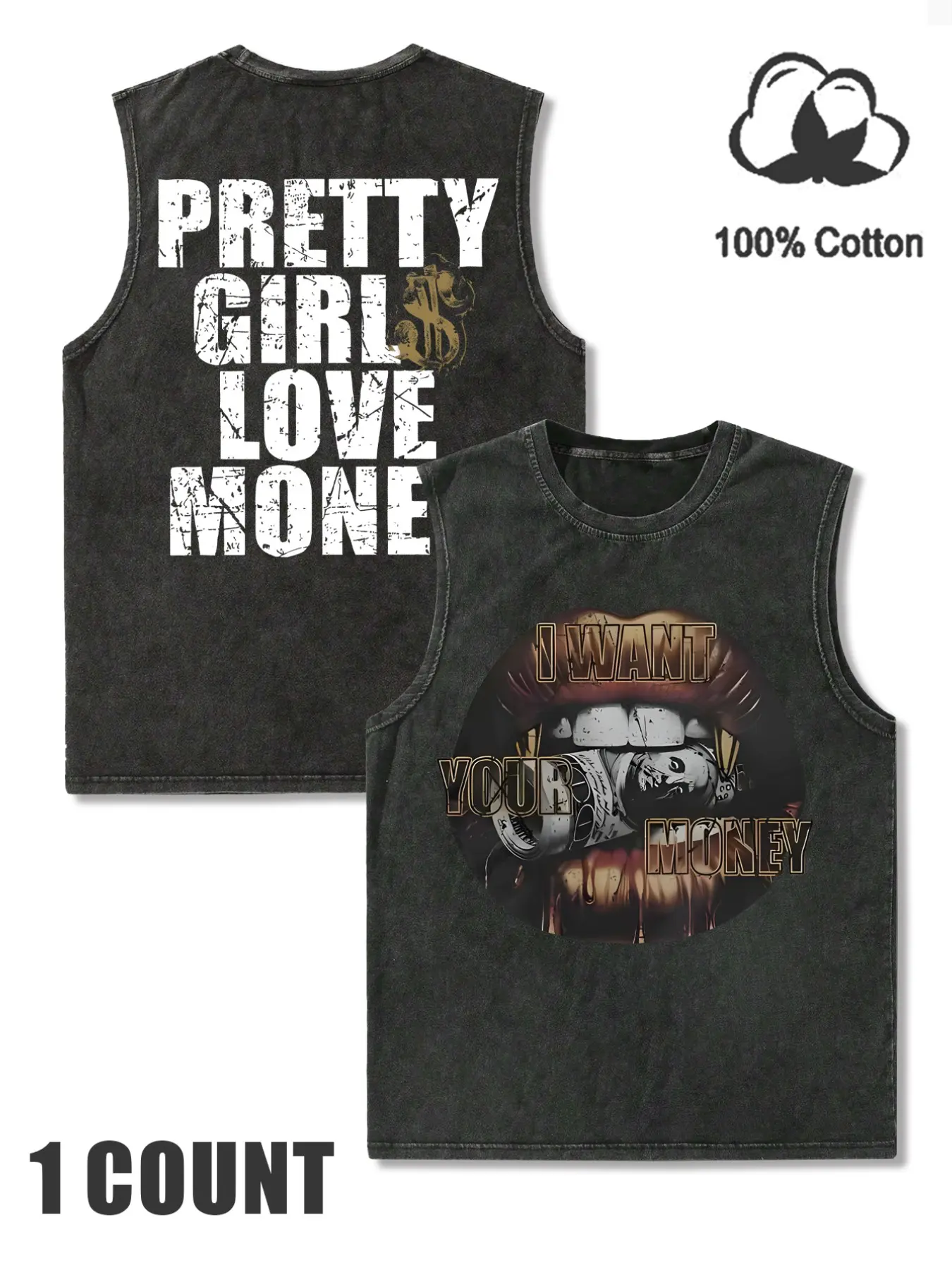 Men's Vintage Classic Distressed Cotton Vest, Round Neck Fashion Sleeveless Top, Casual Summer Wear, Graphic Pattern, Fitted Style