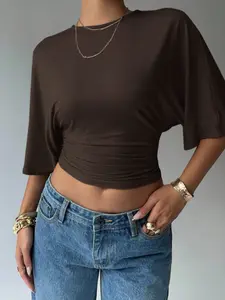 Summer New Casual Versatile Waist Cinching Slimming Sweet Spicy Design Short Shoulder Top for Women, Stylish Summer Fashion