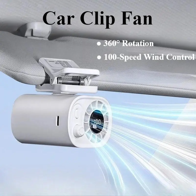 [SummerVibes]Car Clip On Fan with LED Display 360° Rotation 100 Speeds Adjustable USB Rechargeable Personal Cooling Fan for Neck Collar Waist Outdoor Hiking Travel