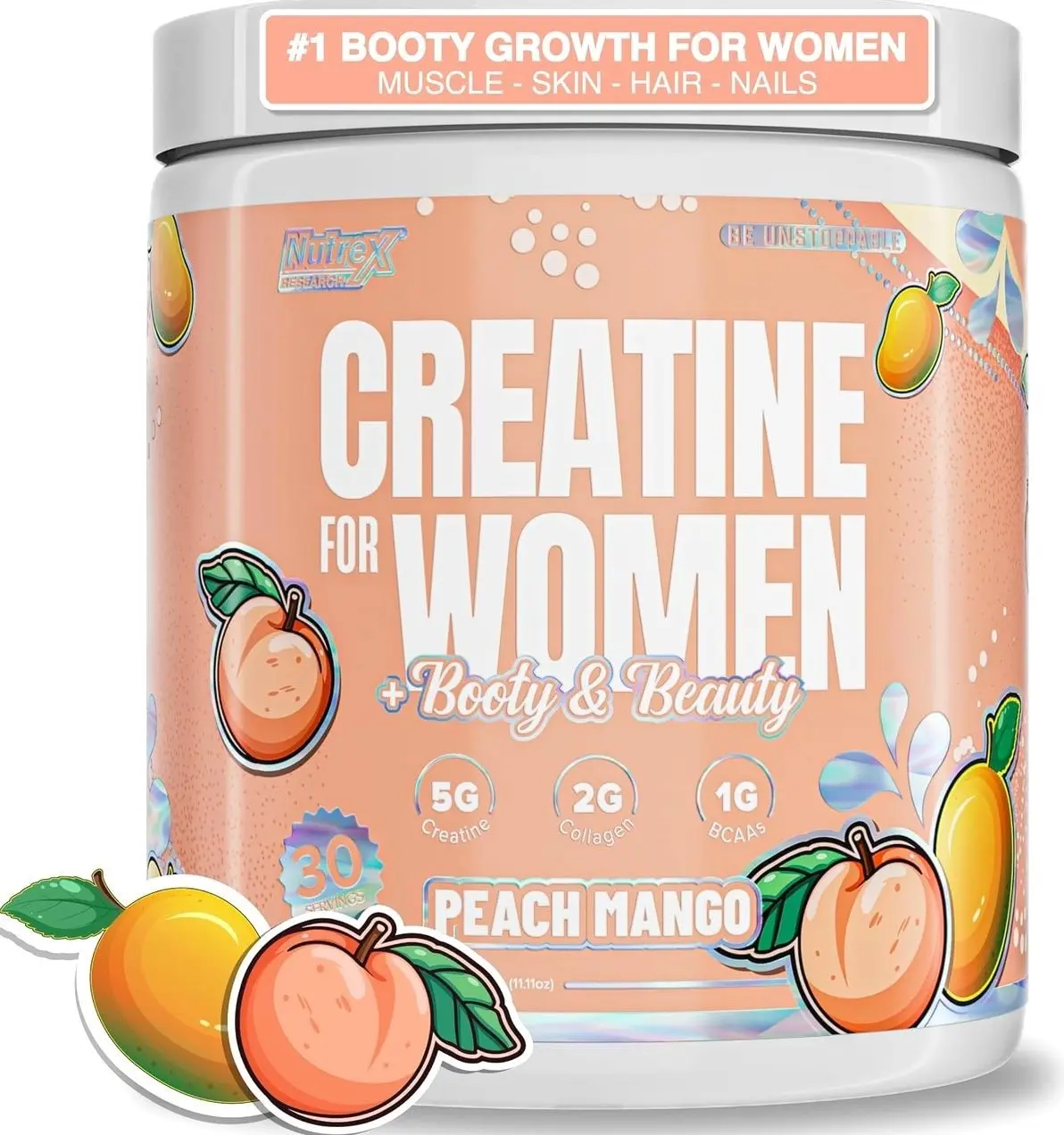 Nutrex Research Creatine for Women Booty & Beauty – Peach Manago | 5g Creatine, 2g Collagen, BCAAs & Hyaluronic Acid for Glutes, Strength & Skin | Gluten Free, 30 Servings