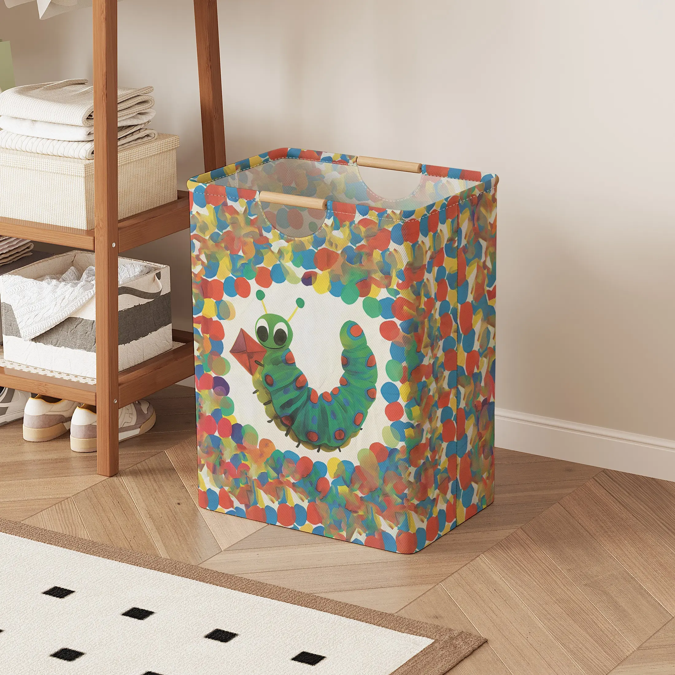 Caterpillar Print Open Storage Box, Foldable Laundry Basket with Handle, Home Bathroom Collapsible Clothes Organizer Bucket