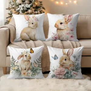 Set of 4 Easter Pillow Covers - Soft Vintage Rabbit Decorative Pillow Covers with Colorful Floral Butterfly Print, Size 17 x 17.7 Inches, No Insert Included, Suitable for Sofa, Bedroom, or Home Decoration, Easter Pillow Covers