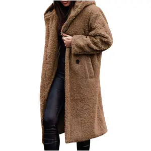 Winter Warm Sherpa Coats Jackets for Women Plus Size Hooded Faux Fur Solid Color Long Pea Coat Outerwear SRstrat Women Tops Full Zip Fuzzy Fleece Line Coats Parkas