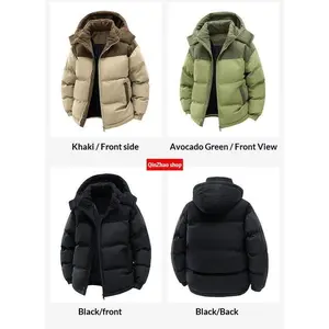 QinZhao Shop Men’s Winter Warm Down Jacket – Khaki Color-Block Hooded Design | Detachable Hood, Polyester Fill