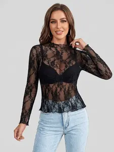 Women's Lace Long Sleeve Mesh Top Mock Neck Sheer Blouse with Floral Pattern for Layering & Stylish Outfits Gothic Chic Elegant Summer Shirts
