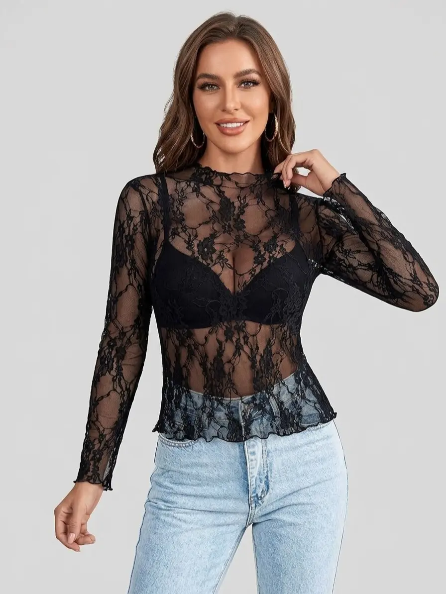 Women's Lace Long Sleeve Mesh Top Mock Neck Sheer Blouse with Floral Pattern for Layering & Stylish Outfits Gothic Chic Elegant Summer Shirts