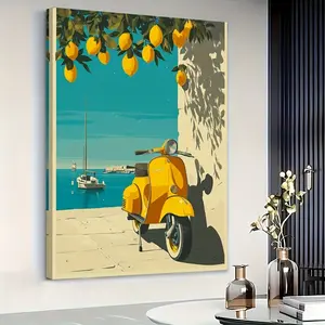 2D canvas art, a beautiful 2D canvas piece named "Lemon Town," made with oil paints, suitable for use as a poster or wall decoration, ideal for living room decor, features a solid wood frame, and is available in 16*24inch and 24*36 inches sizes