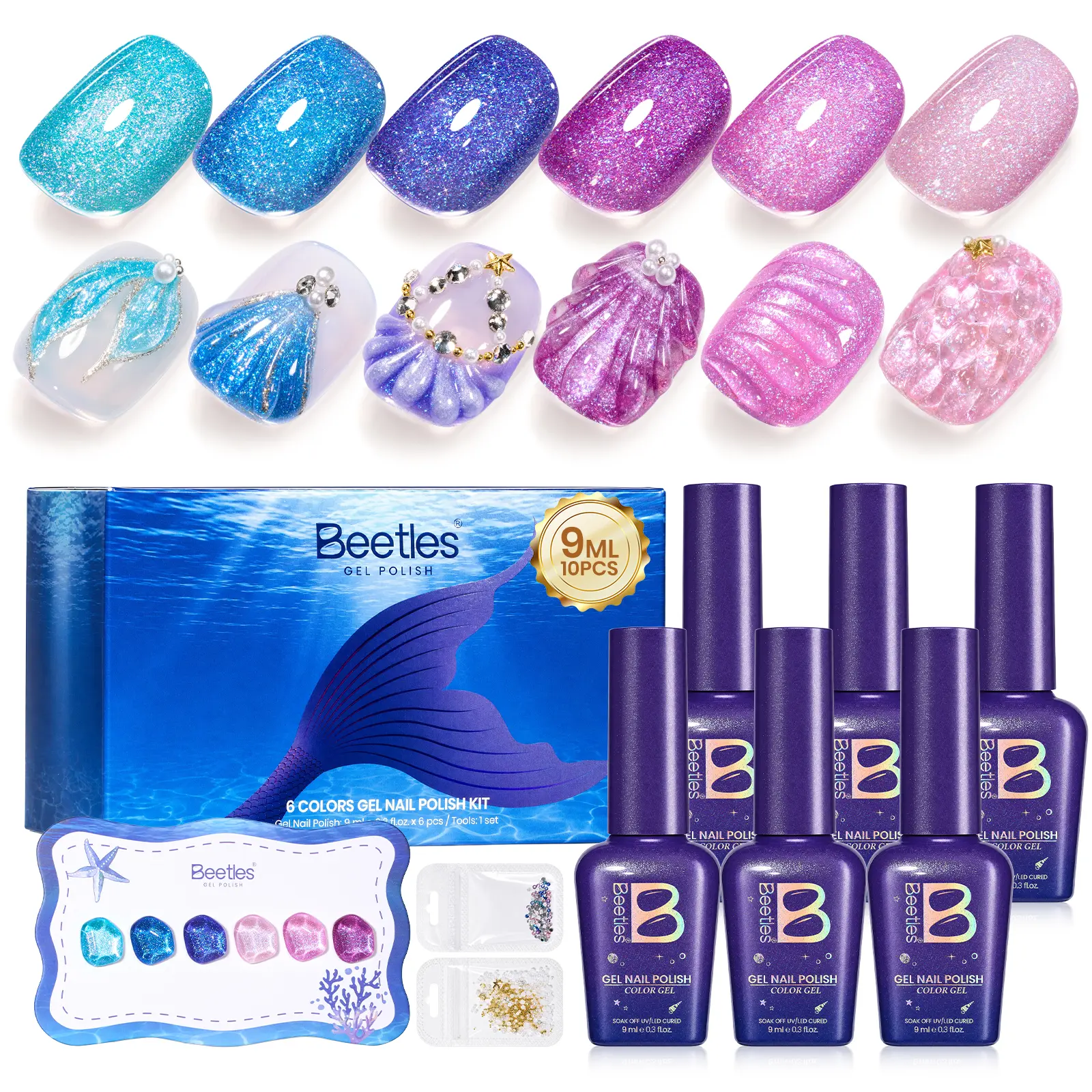 Beetles 6 Colors Siren Scales Glitter Gel Nail Polish Set, 9ml UV LED Soak-Off Blue Pink Purple Mermaid Manicure Kit with Rhinestones, Swatch Card for Nail Care, Ideal Gift, Gel Nails At Home