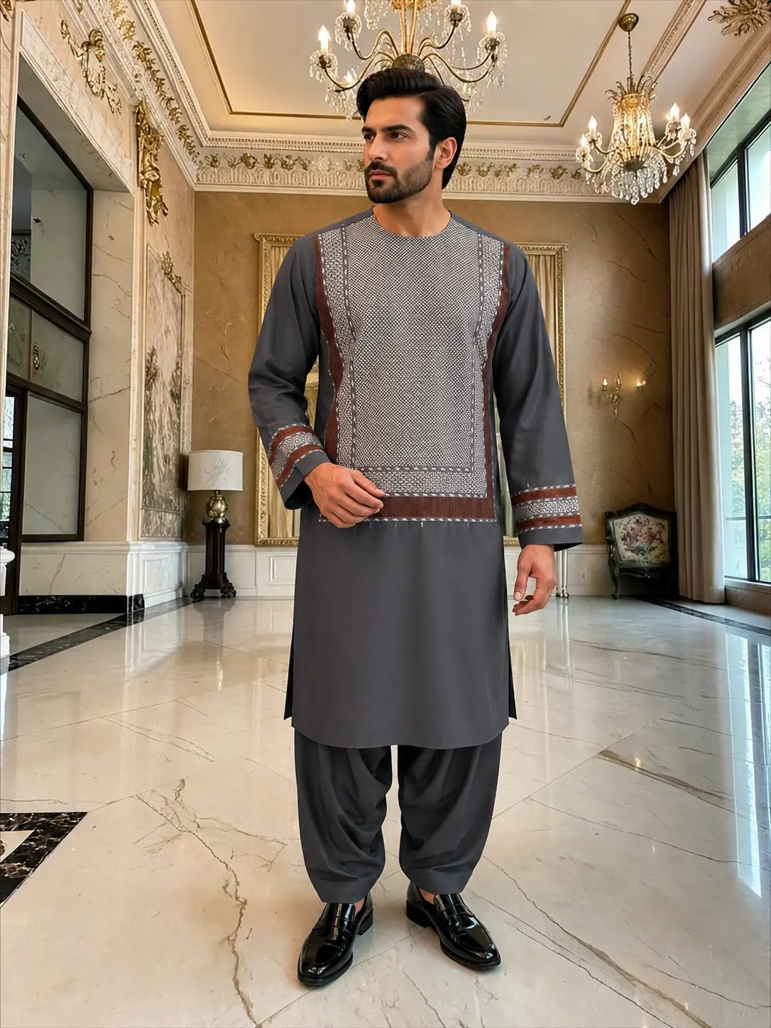 Small Charcoal Grey Men’s Shalwar Kameez Yakhandozi with white & Bronze Embroidery | Premium Traditional Wear
