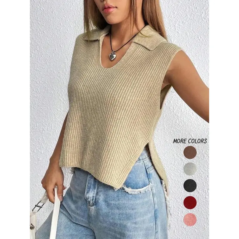 Women's Plain Split Hem Sweater Vest, Casual Fitted Solid Collar Sleeveless Knitwear Top for Summer, Fashion Ladies' Collared Knit Clothing for Everyday Wear, Minimalist Basic Womenswear