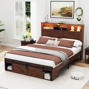 Brown Farmhouse Queen Bed Frame with Storage - Headboard, Drawers, Charging Station & LED Lights Included, Sturdy Noise-Free Structure, Ideal for Master Bedroom Guest Room Rural-Style Home Rental Apartment New Home
