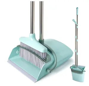 XXXFLOWER Broom and Dustpan Set with Cleaning Teeth, 55" Long Handle Indoor Sweeping Combo for Home Office Kitchen, Bluish Green