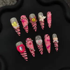Hand pressed nails pink zebra stripes 3D jewelry medium stilettos pink cute and fashionable kawaii design easy to apply fashionable look work travel party gift reusable and long-lasting charming