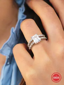 2 Pc/Set Luxury Advanced Rectangular Zircon Engagement Rings For Women Real S925 Sterling Silver Eternal Promise Wedding Ring Ladies Fine Jewelry Anniversary Gift Girlfriend Gift Birthday Gift Dating Gift Valentine's Day Gifts