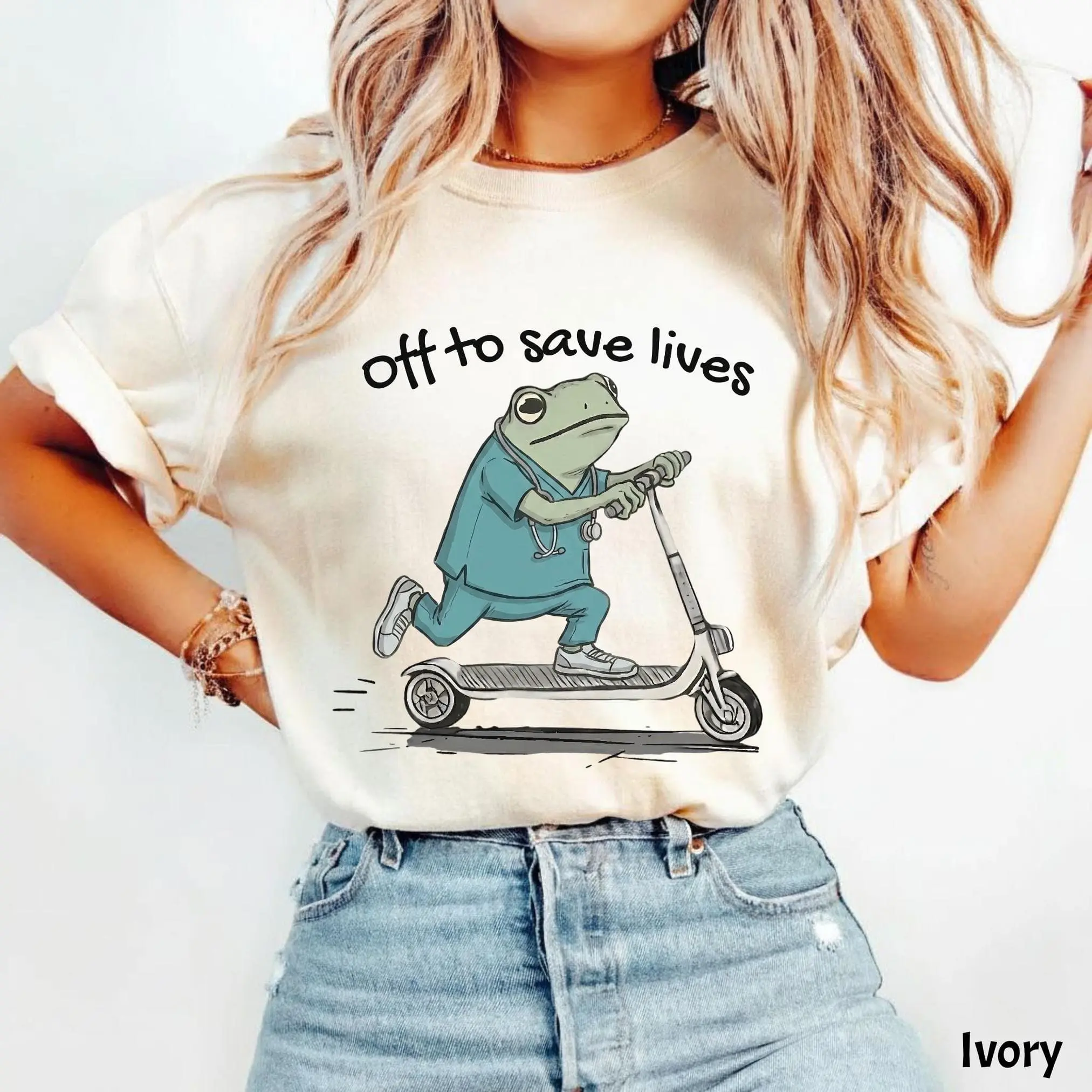 Funny Frog ICU Nurse T-Shirts, Off To Save Lives Critical Care Nursing Gift Tee
