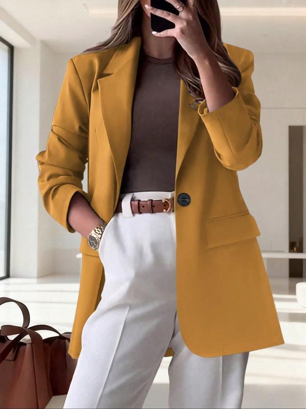 Women's Winter Solid Color Blazer Jacket, Stylish Pockets & Lapel Design, Loose Fit for Office & Daily Wear, Essential Winter Clothing
