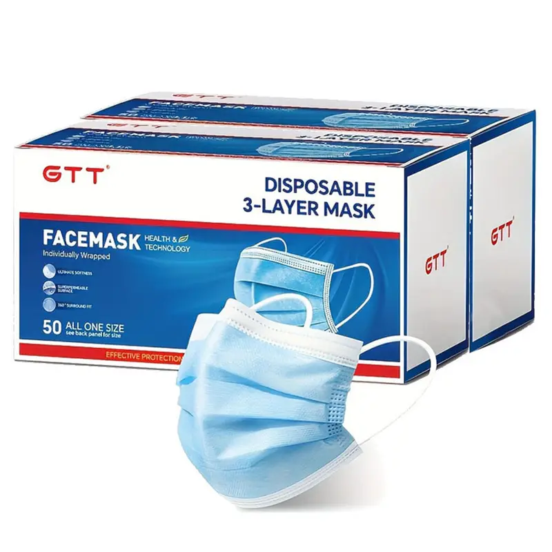 GTT Adult Disposable 3-Ply Universal Non-Woven Face Masks, 50/100 Pack Ready (50pcs/100pcs), Individually Wrapped, M2.5 Melt-Blown Filter, Breathable, Prop 65 Safe, Portable PPE for Daily Travel & Household Use