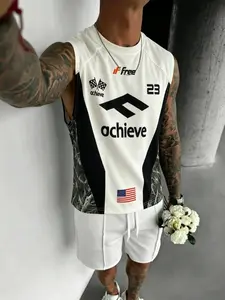 Men's 'achieve' Letter Number 23 Print Sleeveless Vest, Camouflage Patchwork Casual Sport Streetwear Jersey Tank Top, Sport Vests, Sleeveless Sports Top