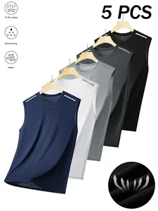 Men's Moisture-Wicking Breathable Tops, Fast-Drying Summer Running Gear, Ideal for Nighttime Workouts & Gym Activities, 5-Pack