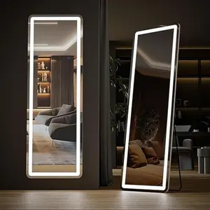 64"x21" Mirror Full Length Standing Mirror with LED Lights, Lighted Floor Mirror with Stand, w/Dimming & 3 Color Lighting, Wall Mirror Full Length Aluminum Alloy Thin Frame, White Mirror Full Length with LED Lights, 21"x64" Body Wall Mirrors