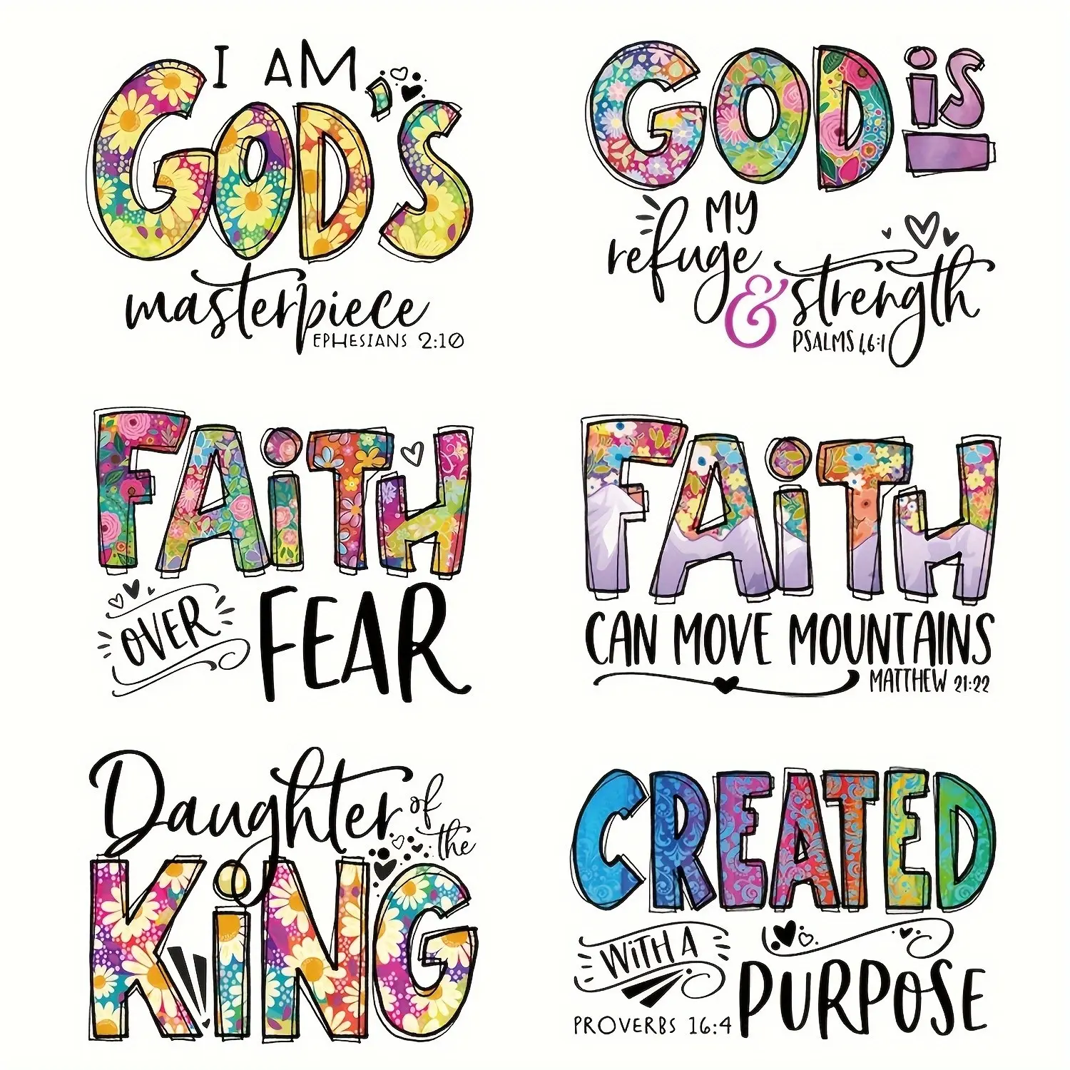 6 Christian Inspirational Heat Transfer Stickers, Multi-Color Faith And Strength Quotation Pattern, Easy-To-Use T-Shirt Clothing Decoration - Washable And Durable