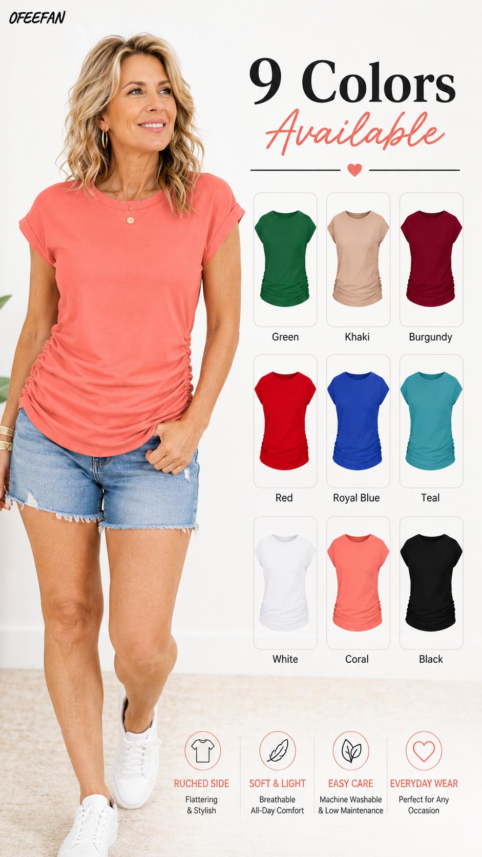 OFEEFAN Womens Summer Tops Trendy 2025 Ruched Cap Short Sleeve Tshirts Shirts Crew Neck T Shirts Fashion