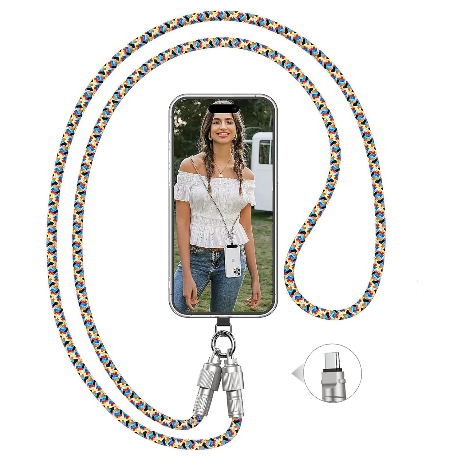 Phone Lanyard Crossbody USB C to USB C Cable Fast Charging Compatible for iPhone 15-17 Series, 60W Cell Phone Neck Nylon Data Transfer Cord for Samsung Galaxy and other USB C Devices, Perfect for Travel, Work and Daily Use