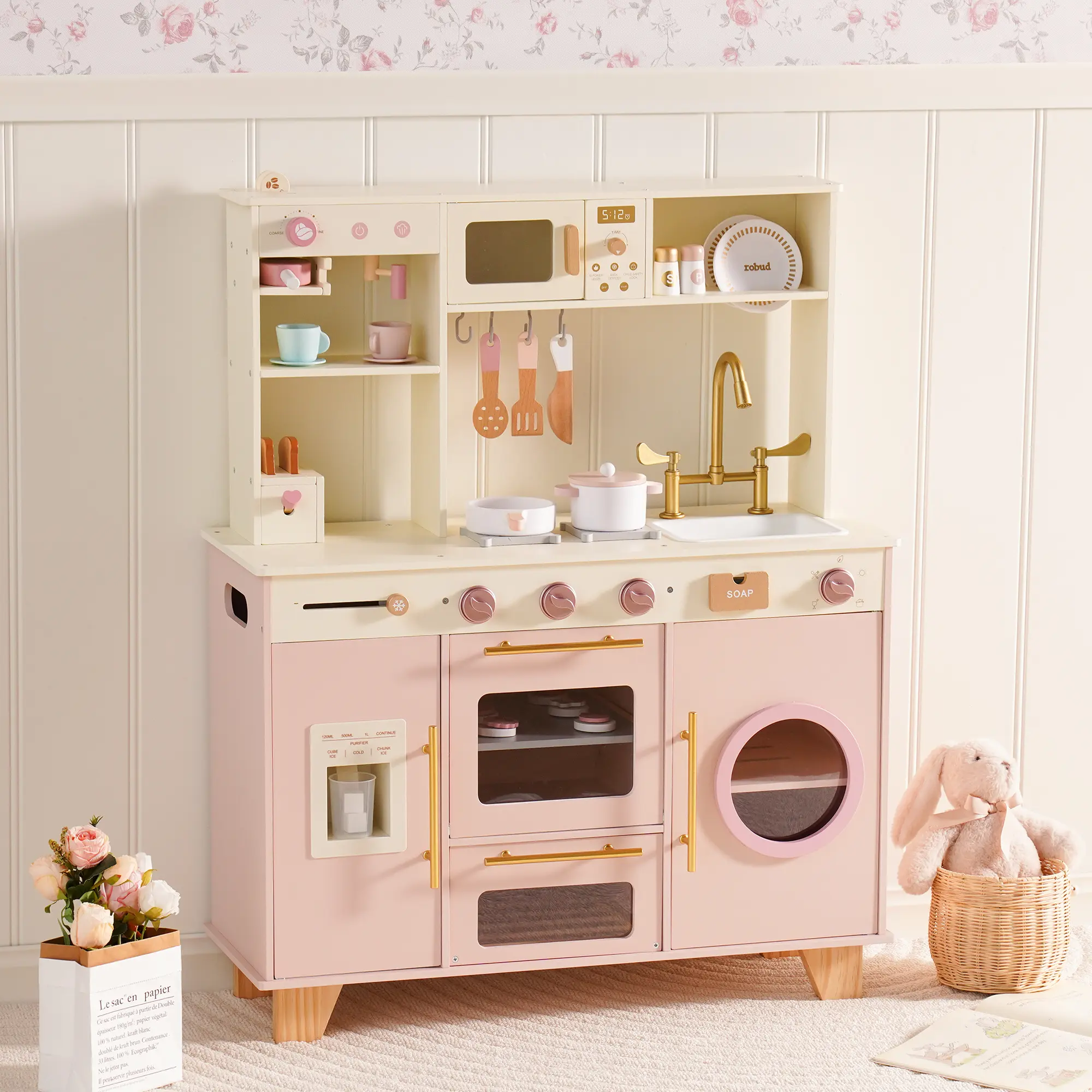 ROBUD Pink Baking Kitchen, Play Kitchen, Pink Large Toy Kitchen Playset with Pretend Coffee Maker & Toaster for Toddler Aged 3+, Wooden Kids Kitchen of Birthday Gift to Kids