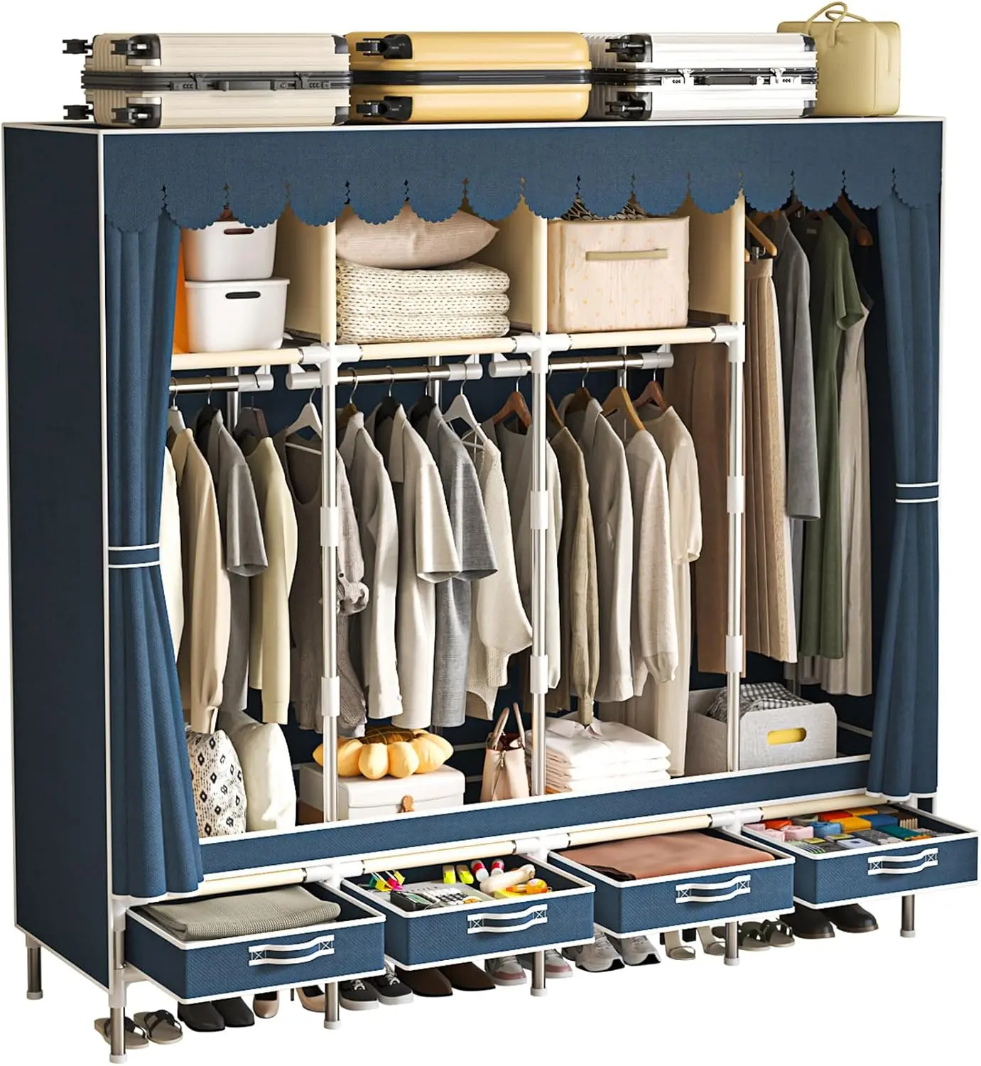 67 Inch Portable Freestanding Wardrobe｜4 Drawers +3‑Tier Shelves, Premium‑Grade Dust‑Proof Cover, Large‑Capacity Bedroom Closet Organizer, Blue