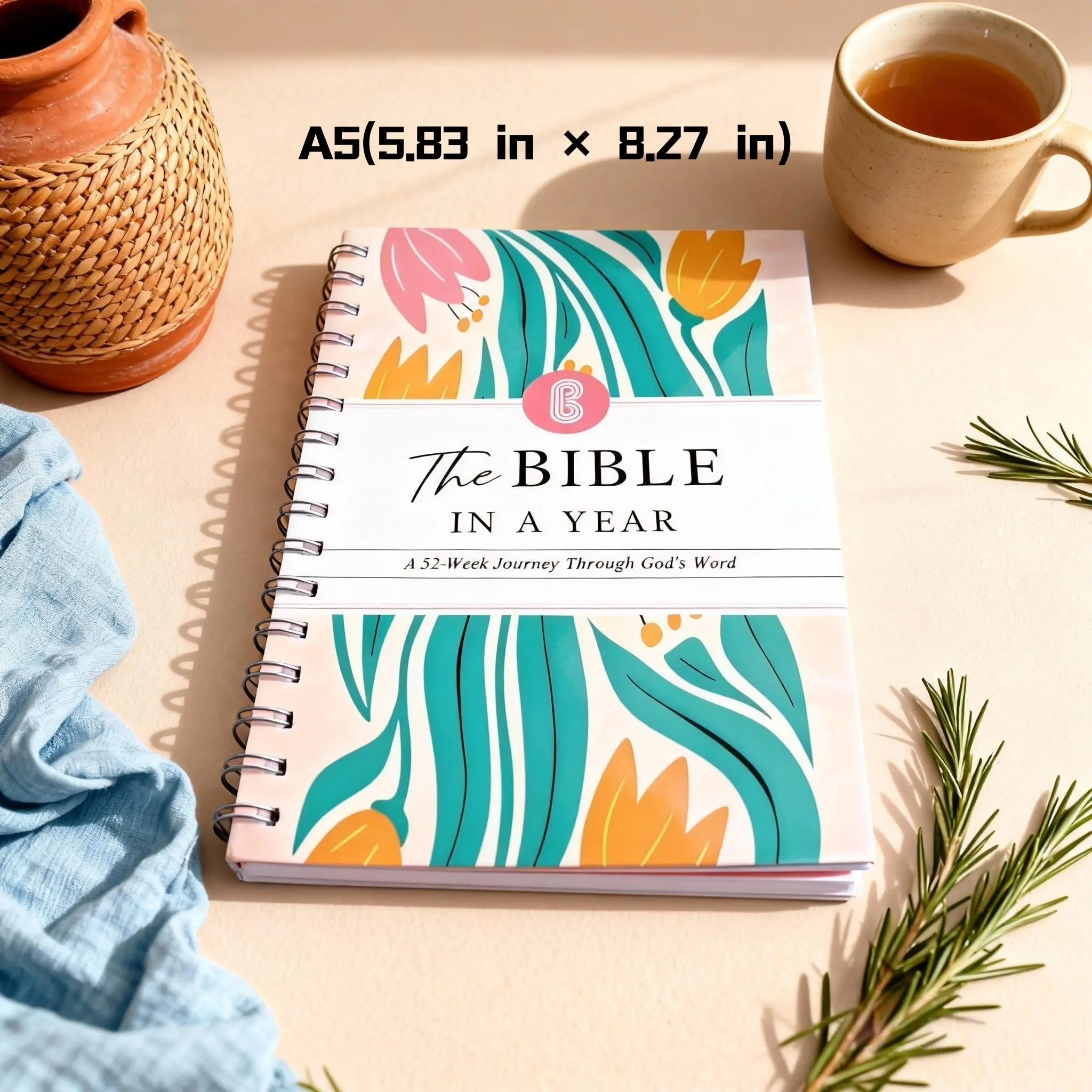 52-Week Bible in a Year Lay-Flat Bind Planner, Christian Scripture Study Notebook for Daily Reflection, Sermon Notes