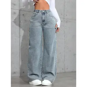 Casual Washed Straight Leg Jeans Pants Fit Womenswear Bottom Viscose Trouser Denim Comfort Streetwear Fabric Loose