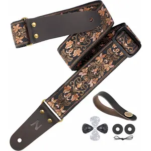 Guitar Strap 2" Embroidery, Full Grain Leather Ends with  Pocket, for Bass, Electric and Acoustic Guitars