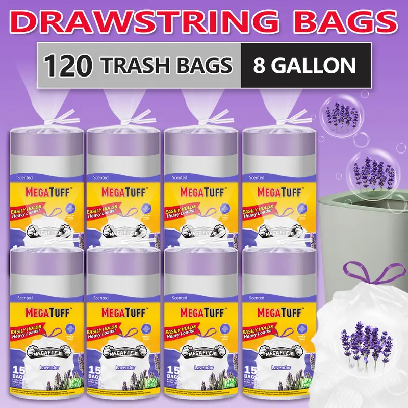 Deodorizing Lavender Aroma Trash Bags, 8gal Sturdy Leak-Proof Non-Tear Disposable Plastic Drawstring Bags, 120-Count Bulk Home Supplies for Indoor/Outdoor Sanitary Waste, Deodorizing Trash Bags