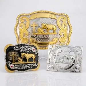 Men's Western Praying Cowboy Belt Buckle Collection - Gold, Black & Silver Cross / Hebilla Vaquera Orando Hombre - Faith Rodeo Gift Fits 1.6" Belts (Multiple Sizes)