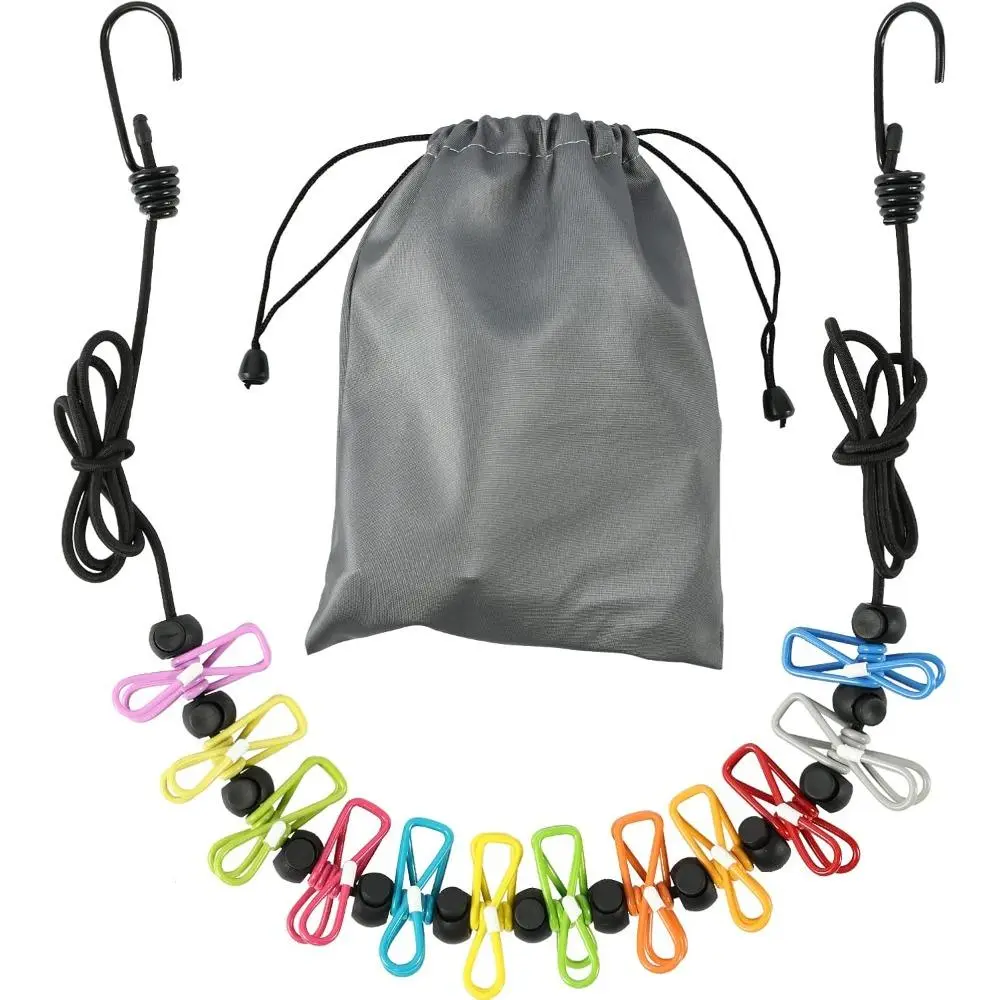 Stainless Steel Retractable Portable Clothesline with 12 Clips, Lightweight Sturdy Heavy-Duty Stretchy Colorful Black Rope, Wind-Resistant Camping & Hiking Accessory for Travel, Bathroom, Dormitory, Backyard