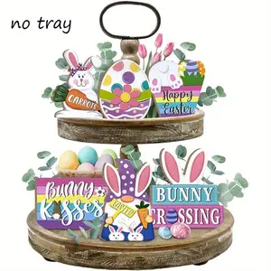 Handmade Wooden Easter Bunny Tiered Tray Decor, Holiday Rabbit and Egg Design, Spring Home Desktop Centerpiece, No Power Needed, Perfect for Easter Parties