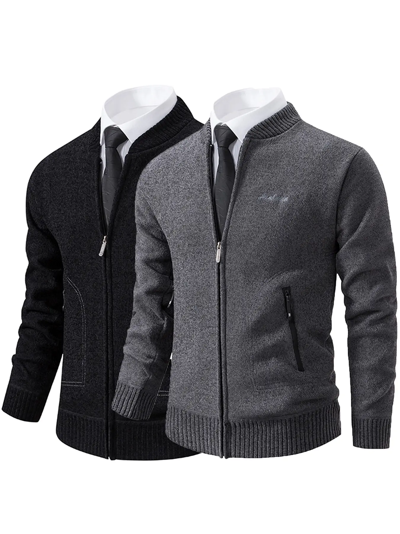 Men's Stand Collar Zip Up Cardigan 2 Pack Business Casual Knit Jacket Daily Commute Work Outerwear with Zipper Pockets Slim Fit Ribbed Cuffs Hem All Season Basic Menswear