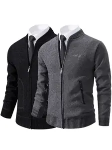 Men's Stand Collar Zip Up Cardigan 2 Pack Business Casual Knit Jacket Daily Commute Work Outerwear with Zipper Pockets Slim Fit Ribbed Cuffs Hem All Season Basic Menswear