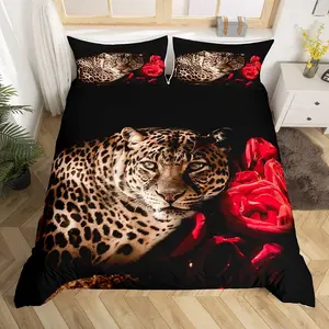 Leopard Duvet Cover Set,3D Animal Print Bedding Set,Wildlife Comforter Cover Cheetah Red Rose Floral Bedspread Cover