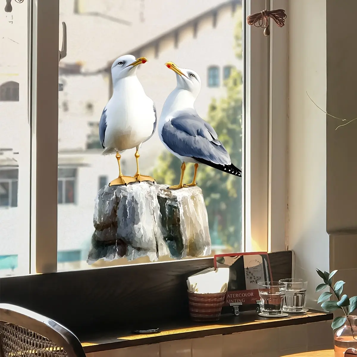 Realistic Seagull Standing on Stone Window Home Decor Glass Sticker, Decorative Stickers, Dual-Sided Visible Pattern, 3D Sticker, No Ca Prop 65 Warning