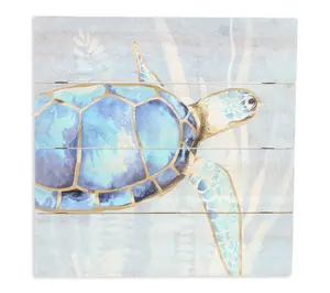 HomeRoots Swimming Sea Turtle Wooden Plank Unframed Wall Art