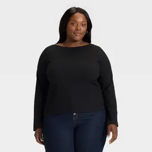 Women's Split Long Sleeve Boat Neck Rib-Knit Top - Ava & Viv