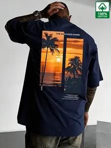 Men's Summer Cotton Heavyweight T-Shirt, American Sunset Coconut Tree Print Short Sleeve, Loose Oversized Street Style, Breathable Comfort Fit