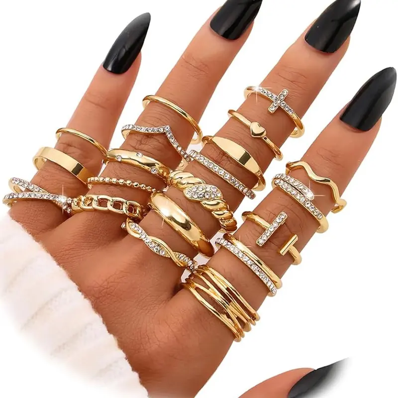 Gold Silver Black Kunckle Rings Set, Casual Trendy Jewelry, Fashion Stackable Rings, Rhinestone Ring Set for Women, Dainty Simple Trendy Cute Stackable Finger Rings Pack, Perfect for Stacking Layering on Thumb and Knuckle, Mixed Size, Jewelry Gift